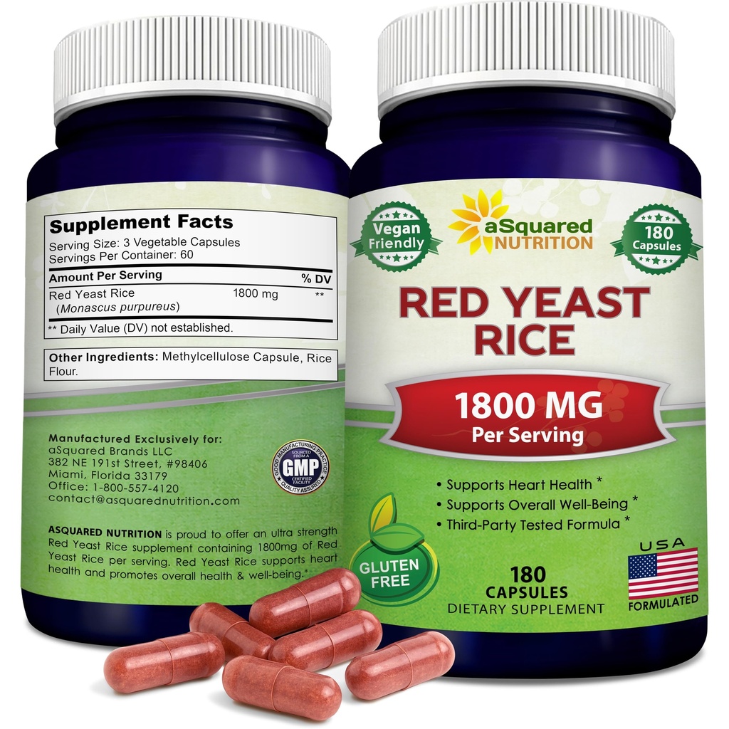 ASquared Nutrition Red Yeast Rice 1800mg - Dietary Supplement Vegan Powder Pills to Support Cardiovascular Health - 180 Veggie Capsules