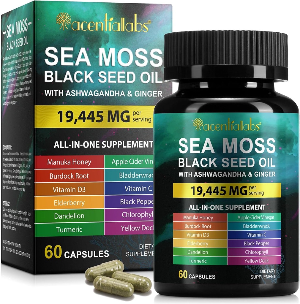 Sea Moss Black Seed Oil, Sea Moss Black Seed Oil Ashwagandha Ginger cápsulas con vitaminas Bladderwrack, Burdock Root y Más, 60 cápsulas
