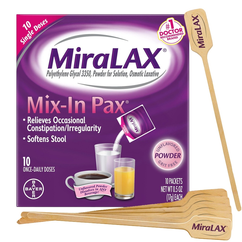 Constipación suave de MiraLAX Polvo laxante de alivio, suavizador de heces con PEG 3350, sin efectos secundarios de malla, mezcla de dosis única en el dolor con mezcladoras, paquete de viaje, 10 dosis
