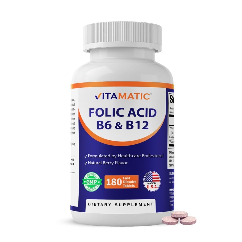 Vitamatic Folic Acid, Vitamina B12 &amp; B6 – 180 Fast Dissolve Tablets Heart Health, Energy Production &amp; Red Blood Cell Support