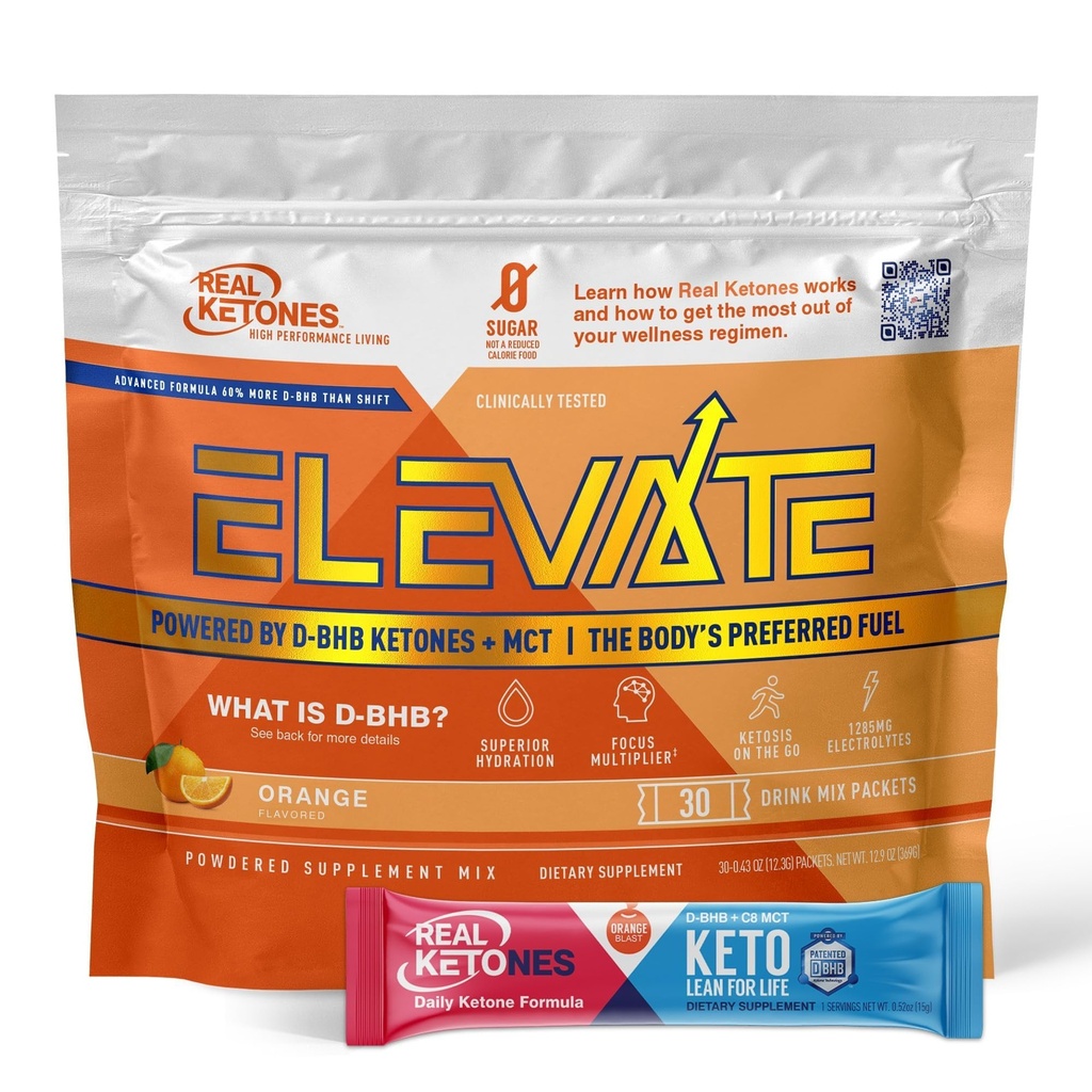 Real Ketones MCT & BHB Ketones Exógenos Bebidas Mix Packets Elevate Keto Electrolitos Powder Packets No Azúcar con 4 Electrolitos Principales Más Hidratante Keto BHB - 30 Pack Orange