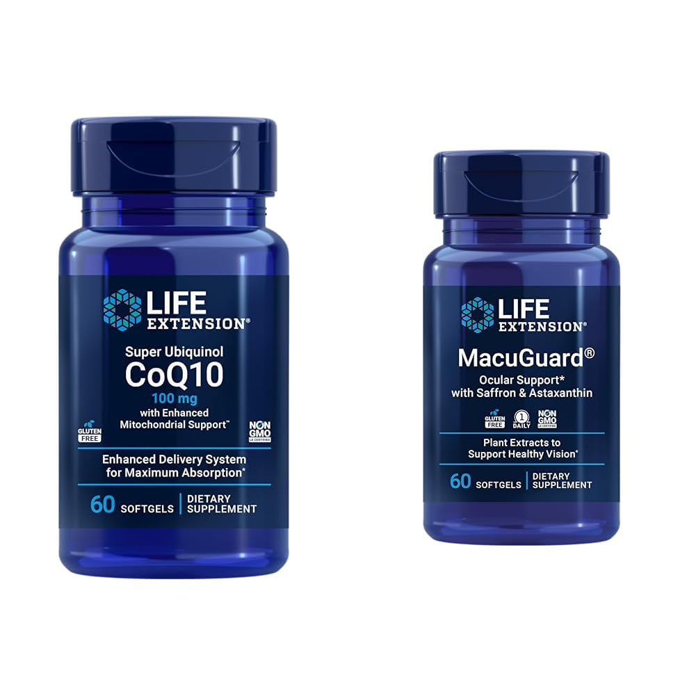 Super Ubiquinol CoQ10 Heart Health Cellular Energy 60 Softgels &amp; Macuguard Ocular Support Lutein Zeaxanthin Saffron Astaxanthin Eye Health 60 Count