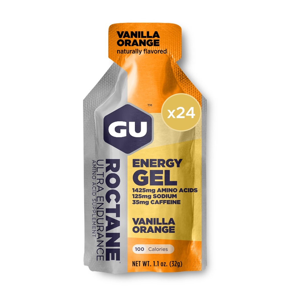 GU Energy Roctane Ultra Endurance Energy Gel, Vegan, Gluten-Free, Kosher y Dairy-Free On-The-Go Sports Nutrition for Running, Biking, Hiking or Skiing, Vanilla Orange (24 Packets)