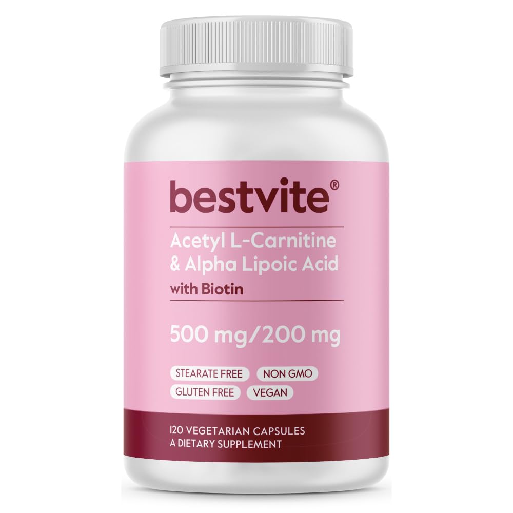 BESTVITE Acetyl L-Carnitine 500mg &amp; Alpha Lipoic Acid 200mg por cápsula con biotina (120 cápsulas vegetarianas) - No Stearates - Vegan - No GMO - Gluten Free