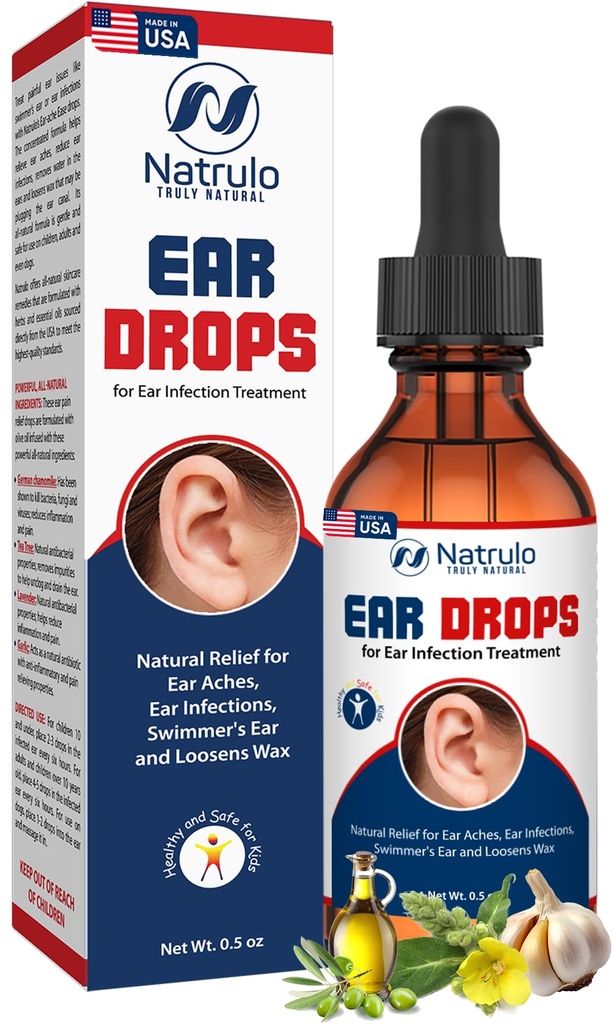 Natrulo Ear Drops for Ear Infection – Organic Ear Drops for Adult, Kids, Baby, Dog &amp; Pets – for Ear Aches, Itchy Ears, Infecciones, Swimmer's Ear, &amp; Loosen Wax – Kids Safe, Made in USA