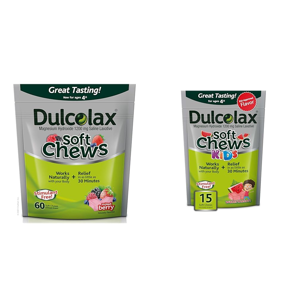Dulcolax Soft Chews Saline Laxative Mixed Berry (60ct) Gentle Constipation Relief &amp; Kids Soft Chews Saline Laxative Watermelon Gentle Constipation Relief, Magnesium