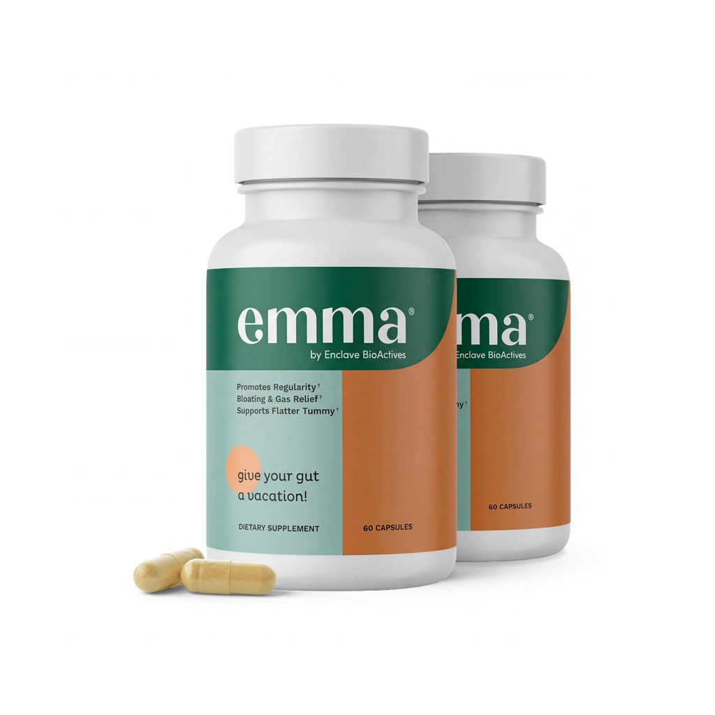 Emma Gut Health - 2 Pack - Gas and Bloating Relief, Constipation, Leaky Gut Repair - Gut Cleanse & Restore Digestion - Regulate Bowel Movement. Probióticos y alternativas laxantes, 120 cápsulas
