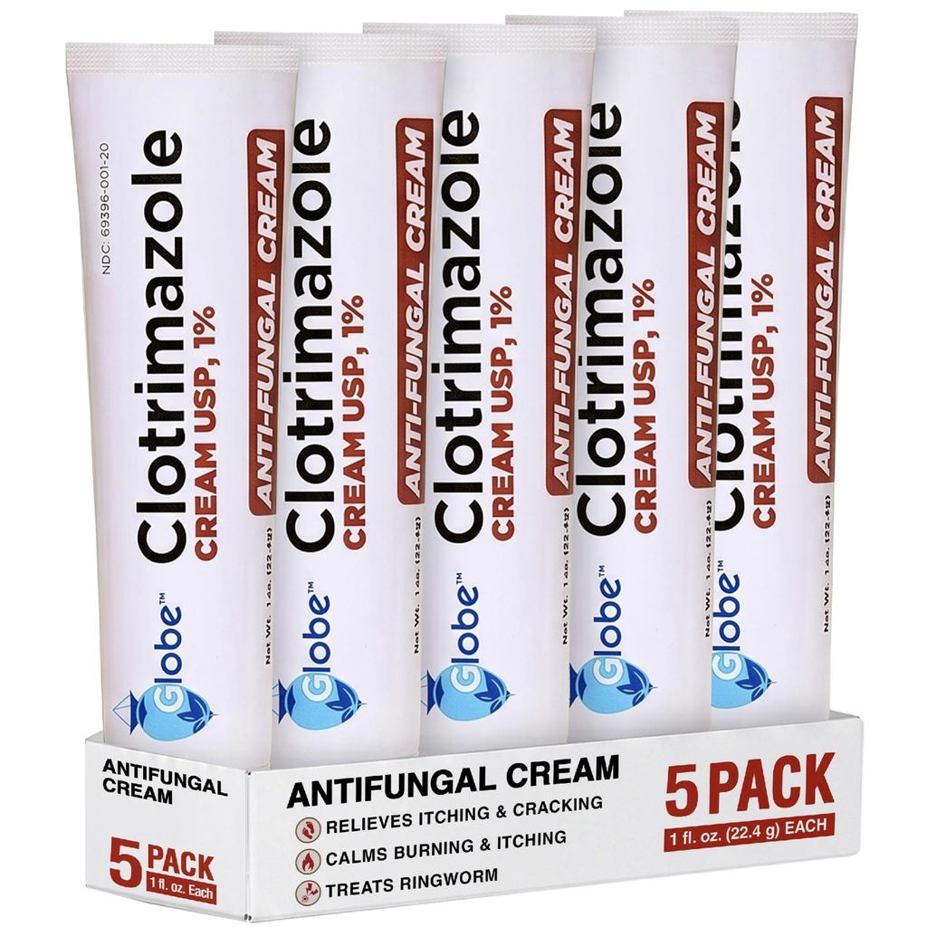 (5 pack) Crema de Clotrimazole Antifungal de Globe Clotrimazole 1% (1 oz) Alivia la picazón, la quema, el crack y el escalado asociados con infecciones fúngicas.