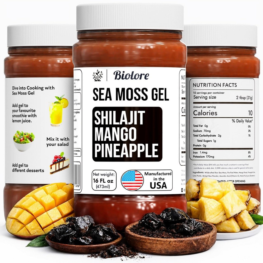 Biolore Wildcrafted Sea Moss Gel with Shilajit - Mango Pineapple 16 oz - Flavored Sea Moss Gel with Essential Vitamins & Trace Minerals - Vegan Superfood - Made in USA, Gluten-Free, No Añadido Sugar