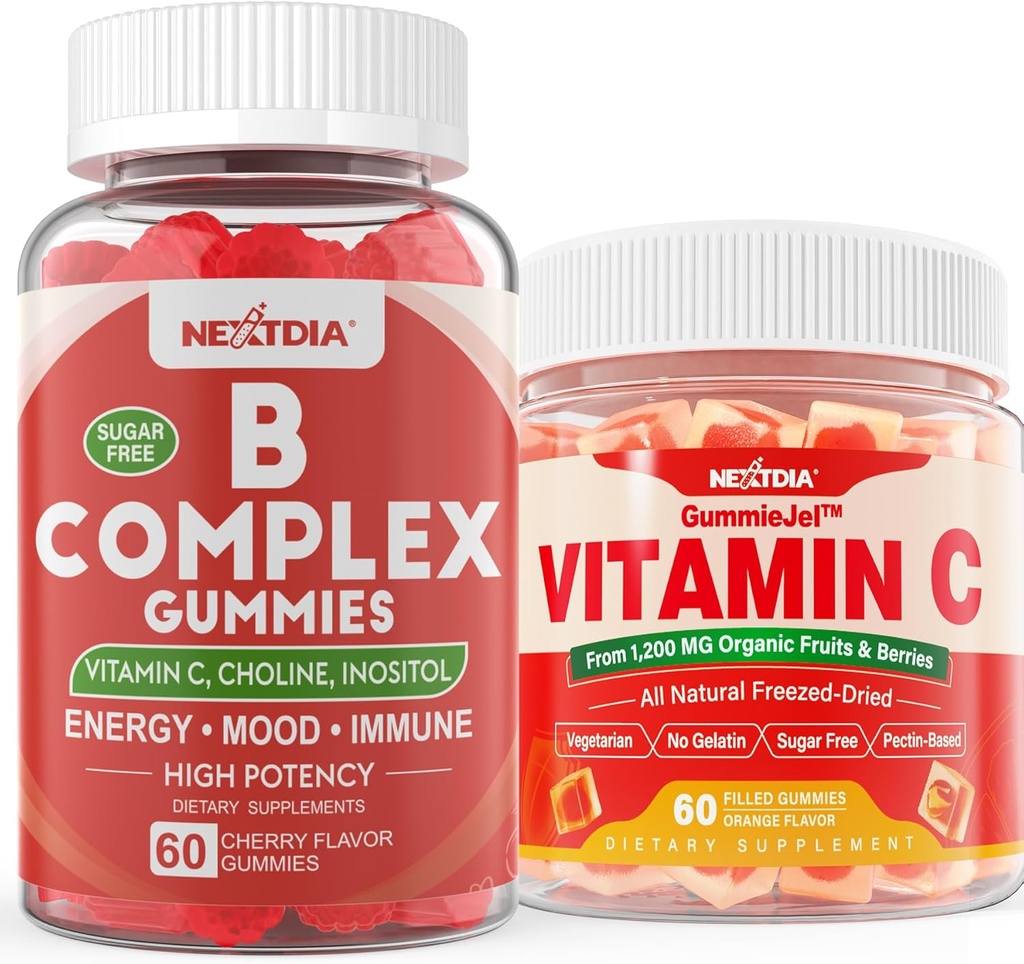 2 Pack Vitamina B Complejo Gummies con 2000 mcg Metil B12, Folato de Metil + 1 Pack Whole Food Vitamina C Gummies