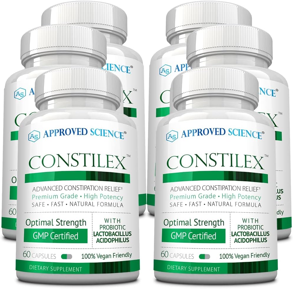 Constilex científico aprobado - Alivio de estreñimiento rápido " Apoyo de futuros episodios - promueve niveles saludables de bacterias y fortalece la flora intestinal - 6 botellas