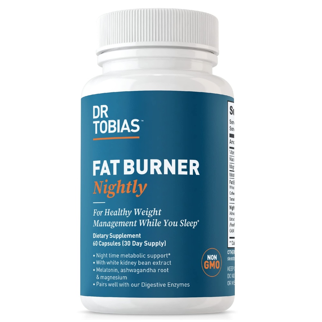 Dr. Tobias Fat Burner Nightly - Night Time Metabolic Support with White Kidney Bean Extract, Ashwagandha Root, Green Coffee Bean Extract " Melatonin ← Non-GMO (60 Capsules 30 Day Supply)
