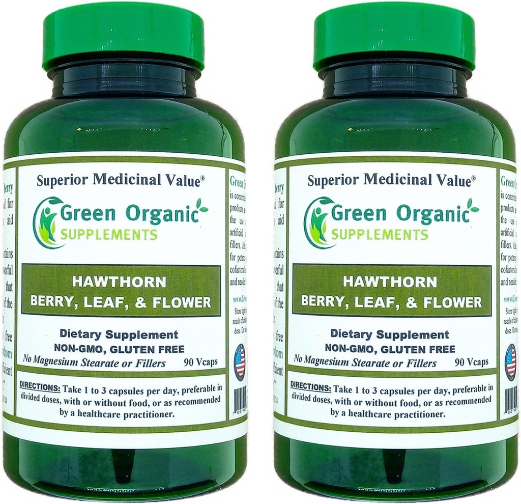 Suplementos Ecológicos Verdes Capsules de Berry Hawthorn, Hoja, Flores, Suplementos de Hawthorn Contiene 90 cápsulas, Herbs de Hawthorn Natural para la Salud Cardiovascular y Cuidado del Corazón Natural (Pack of 2)