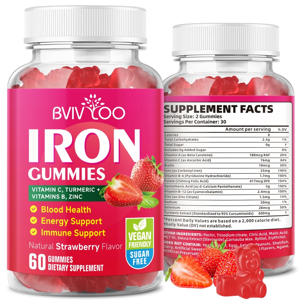 Gummies de hierro vegano para adultos &amp; niños - con vitamina C, A, B-Complex, Folate, Zinc y Biotin - para el edificio de sangre " Energy Support, 60 Gummies