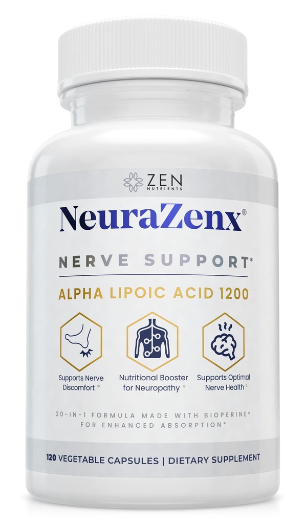 Zen Nutrients NeuraZenX Nerve Support & Peripheral Neuropathy Support Supplement with 1200mg Alpha Lipoic Acid (ALA), Benfotiamine, L-Carnitine y Turmeric