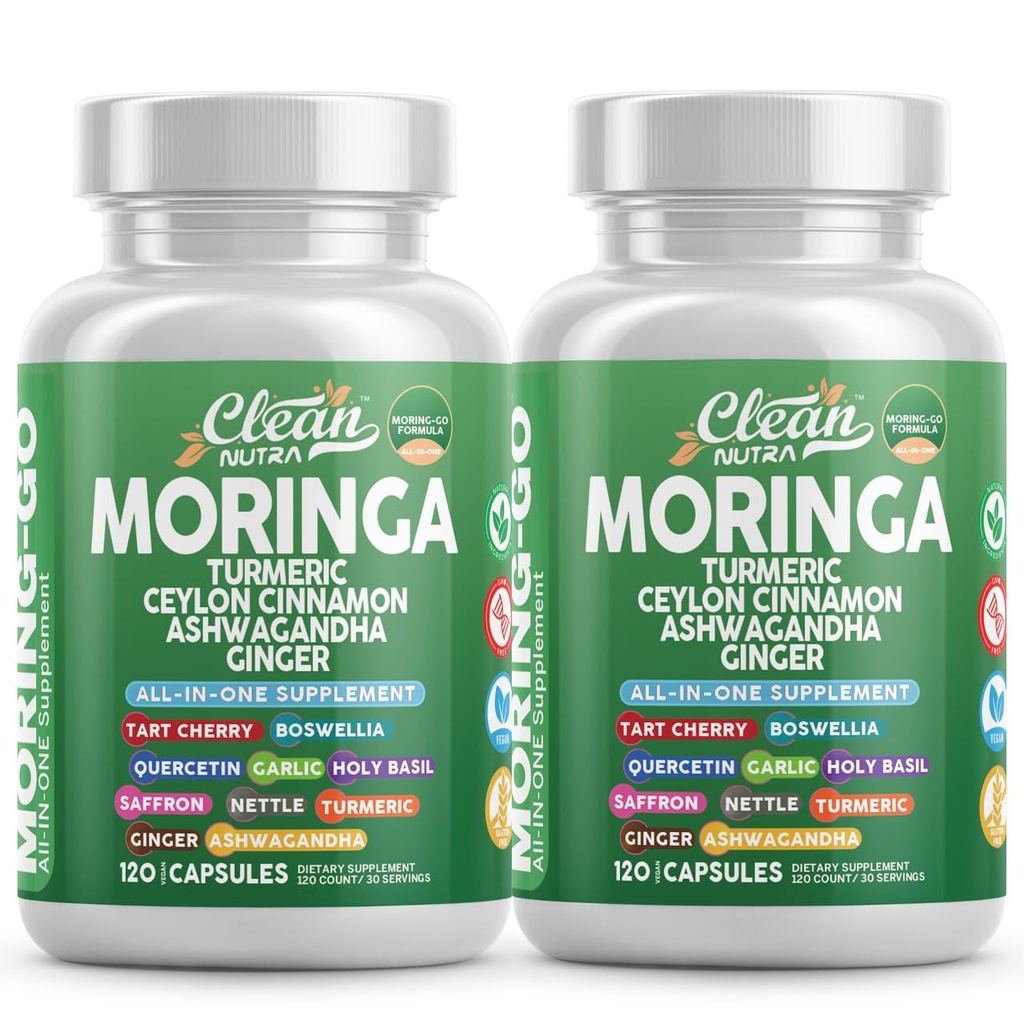 Moringa Powder Capsules + Turmeric Moringa Leaf Ceylon Cinnamon Ashwagandha Ginger Tart Cherry Boswellia Quercetin Garlic Saffron Nettle Black Pepper Moring-Go Suplemento Por Clean Nutra (2)