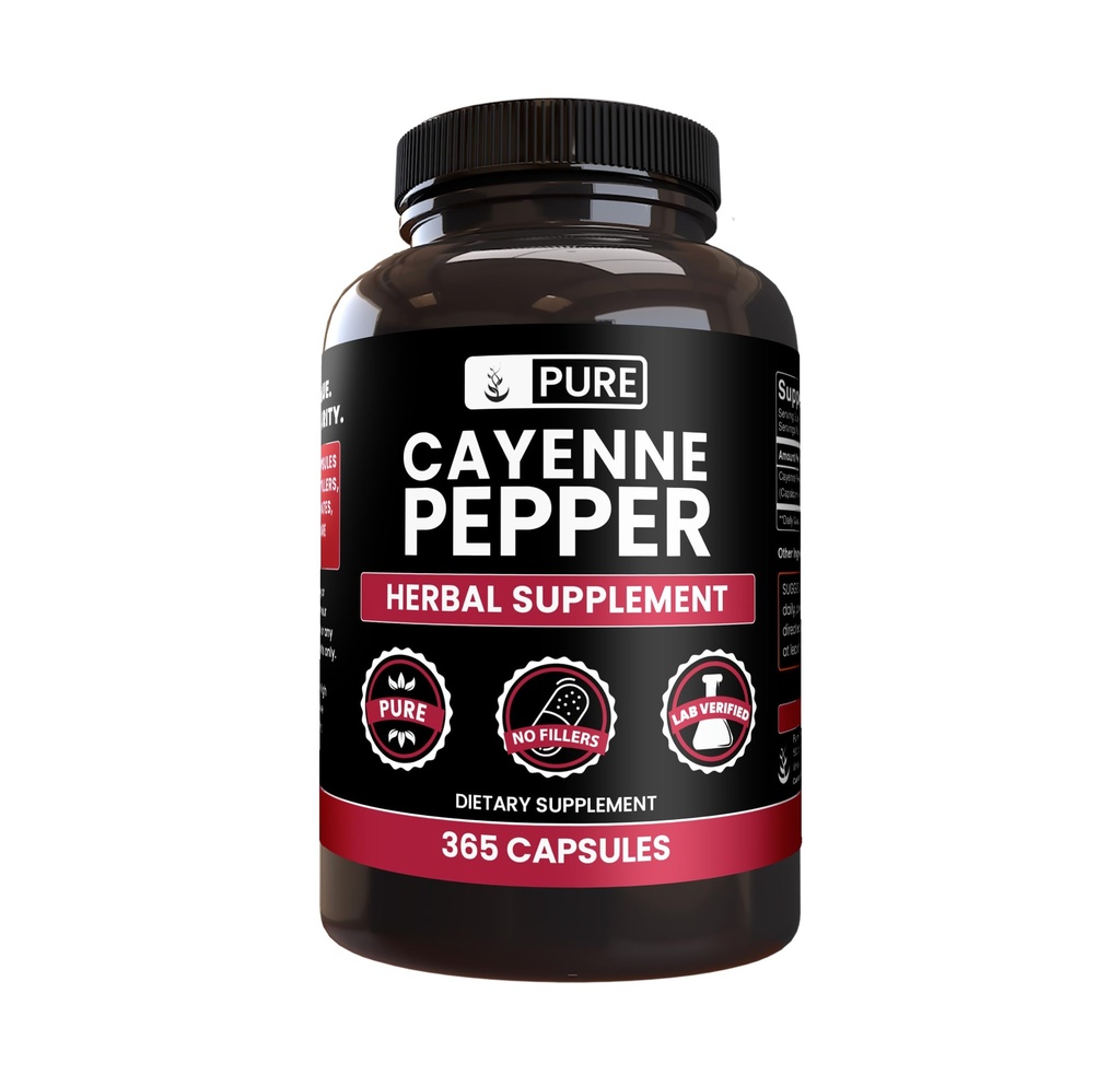 PURE ORIGINAL INGREDIENTES Cayenne Pepper (365 capsules) No Magnesio o arroz Filleres, Puro, Lab Verificado