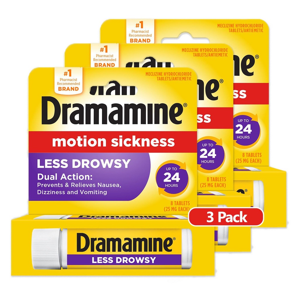 Dramamine Todo el día menos somnoliento, Motion Sickness Relief, 8 Cuenta, 3 Pack