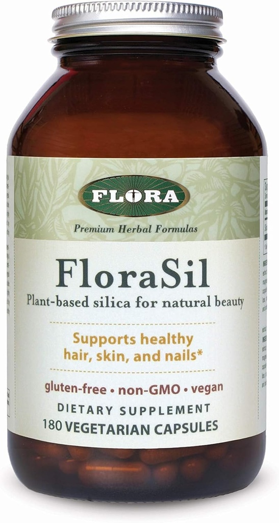 Flora - FloraSil Silica Suplemento - Natural Beauty Support - Supports Hair, Skin, Nail &amp; Bone Strength - Plant-Based Silica from Horsetail Extract - Vegan - 180 Capsules (180 Servings)