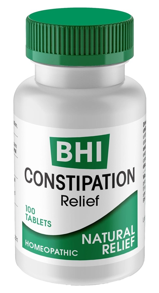 BHI Constipation Relief Natural Safe Targeted Homeopathic Active Ingredients Relieve Bloat Discomfort, Bowel Back-Up & Irregularity for Women &amp; Men - 100 Tablets