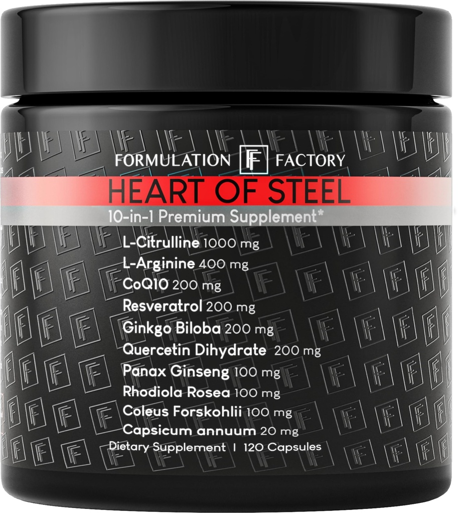 Fórmula Corazón de acero: 10-en-1 Maximizador metabólico Nitric Oxide Suplemento, Apoyo a la Presión de la Sangre, L Arginine, L Citrulline Natural Pre-Workout: Energy Management 120 Conde