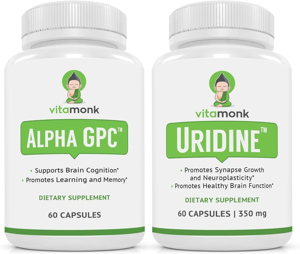 VitaMonk Alpha GPC y Uridine Stack - Mr Happy Stack - Uridine Monophosphate with No Artificial Fillers - Bioavailable Choline Supplements Promote Cognition, Focus, Mental Clarity