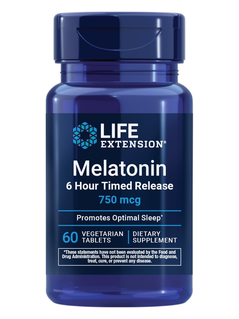 Extensión de la vida Melatonin 6 horas de liberación, 750 mcg, Fórmula de liberación extendida para el apoyo suave al sueño, Ritmos circadianos saludables, Defensa celular, Libre de gluten, No GMO, Vegetariano, 60 Tabletas