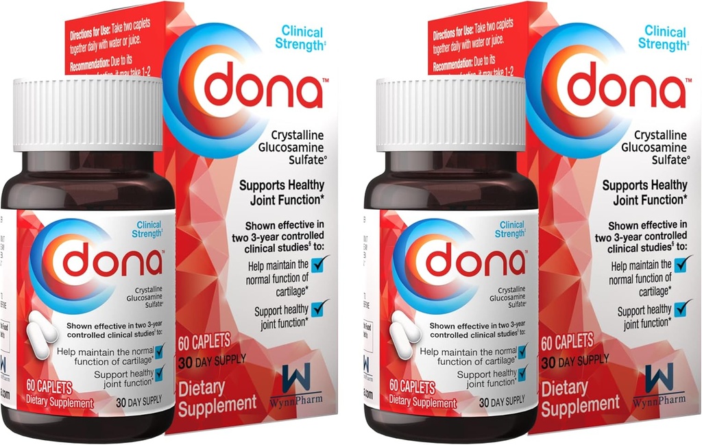 Sulfato de Glucosamina de Dona Crystalline, 750 Mg, Píldoras de suplementos conjuntos para Knee Comfort &amp; Joint Health Support, 750 Mg, 60 Conde (2 Pack).