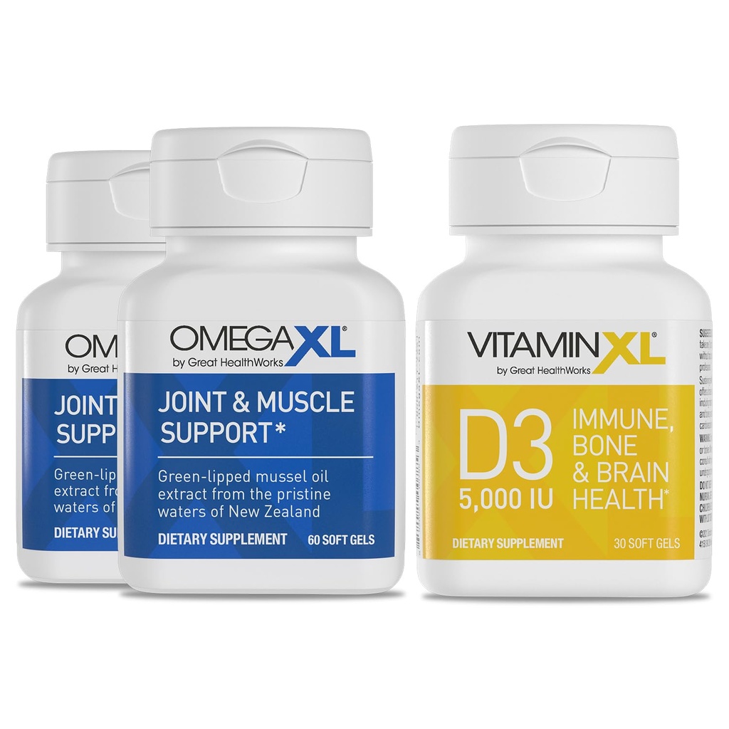 Suplemento de soporte conjunto OmegaXL - Musculo natural/Apoyo inmunológico, 60 Softgels (2 Pack) & VitaminXL D3 High Potency Daily Vitamin D 5000 IU 125mcg Suplemento (30 Softgels)