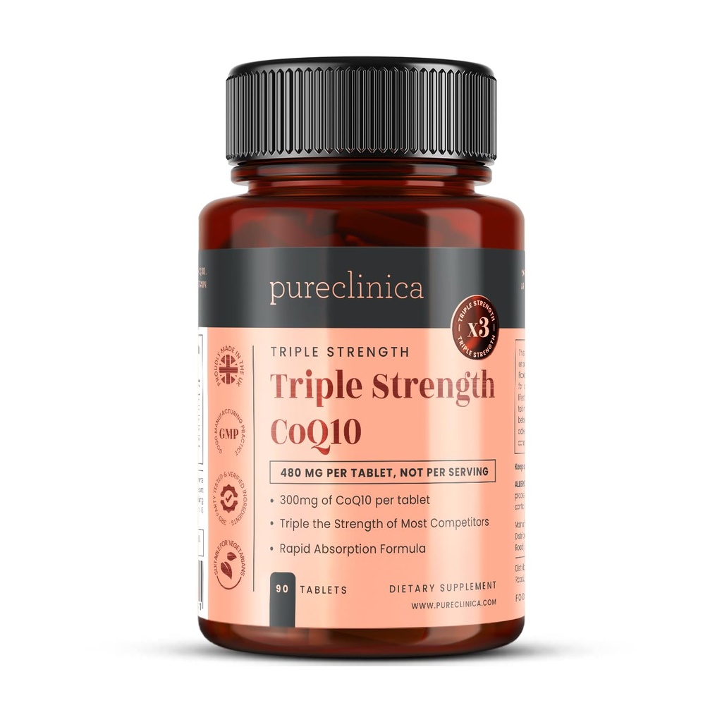 pureclinica Fermented CoQ10 300mg x 90 Tablets. No GMO, grado USP. con adición de vitamina C y extracto de cobre negro para la absorción.