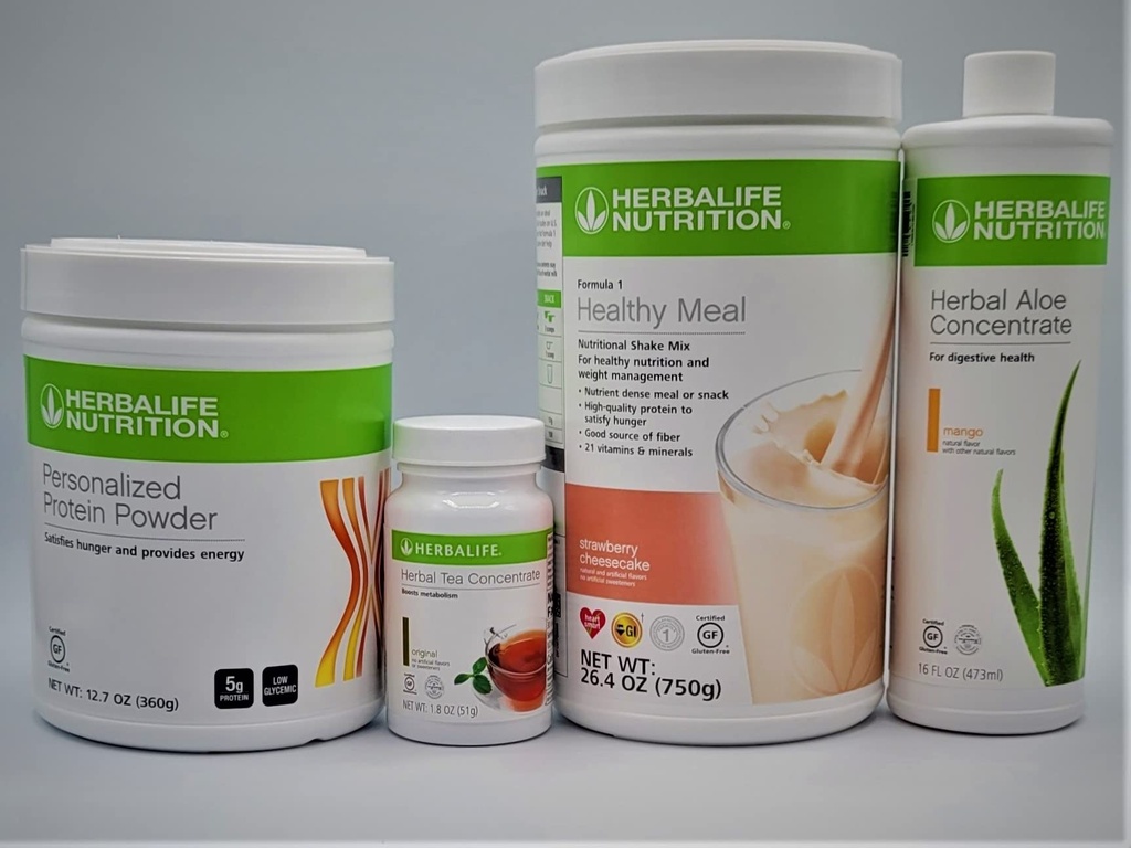 HERBALIFE Fórmula 1 Cuatro Combo (Strawberry Cheesecake 750g) Agitación Nutricional saludable Mix-Herbal Aloe Concentrate Pint 473ml-PERSONALIZADO Proteína Powder 360g y Herbal Tea Concentrate 51g
