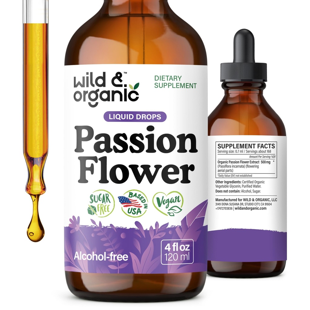 Wild &amp; Organic Passion Flower Tincture - Mood Support - Calming Passionflower Supplement - Passiflora Incarnata Liquid Extract - Vegan, Sugar &amp; Alcohol-Free Herb Drops - 4 fl oz