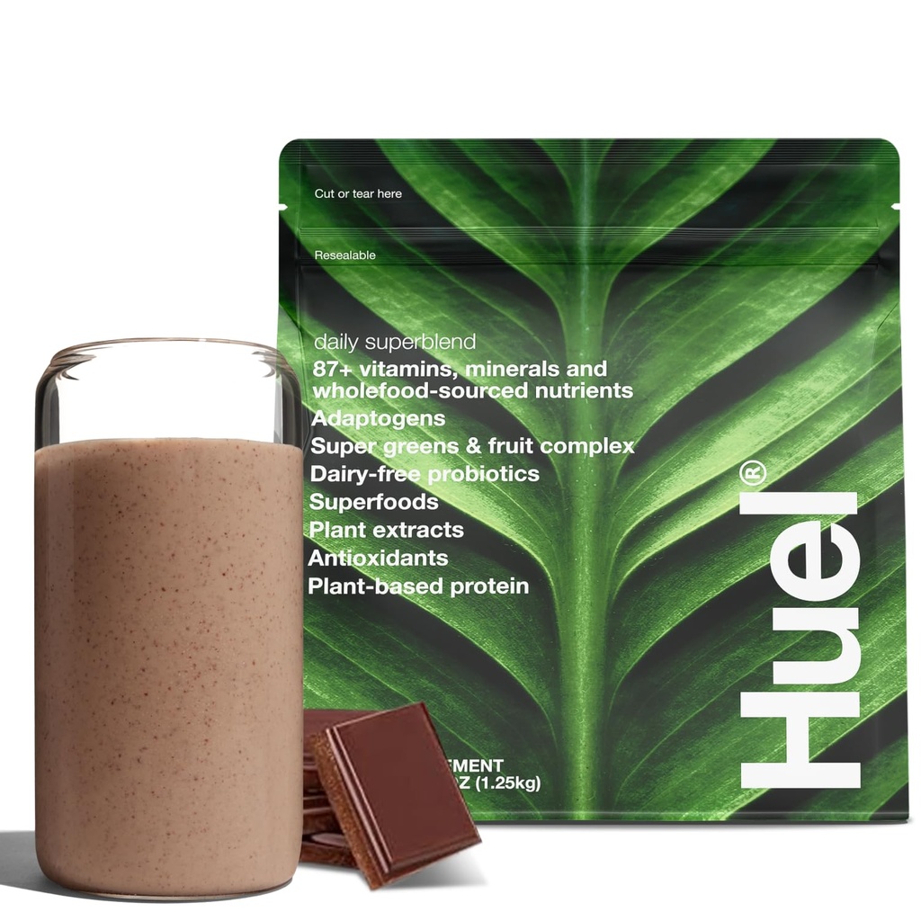 Huel Daily Superblend Chocolate Powder ← 25g Plant Based Protein TEN Super Greens Powder TEN 87 Vitaminas, Minerales y Ingredientes de todo tipo alimentarios TEN19 Servimientos TENIDO Scoop no incluido para reducir plástico