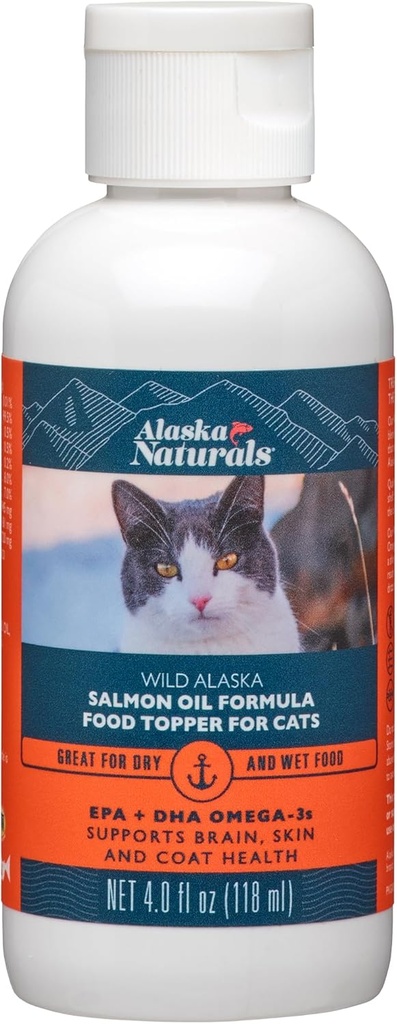 Alaska Naturals – Wild Alaska Salmon Oil Fórmula Cat Food Topper – EPA y DHA Omega-3 - Suplemento para gatos Esquí saludable, la carne brillante – Hecho en los Estados Unidos – 4 oz Bottle