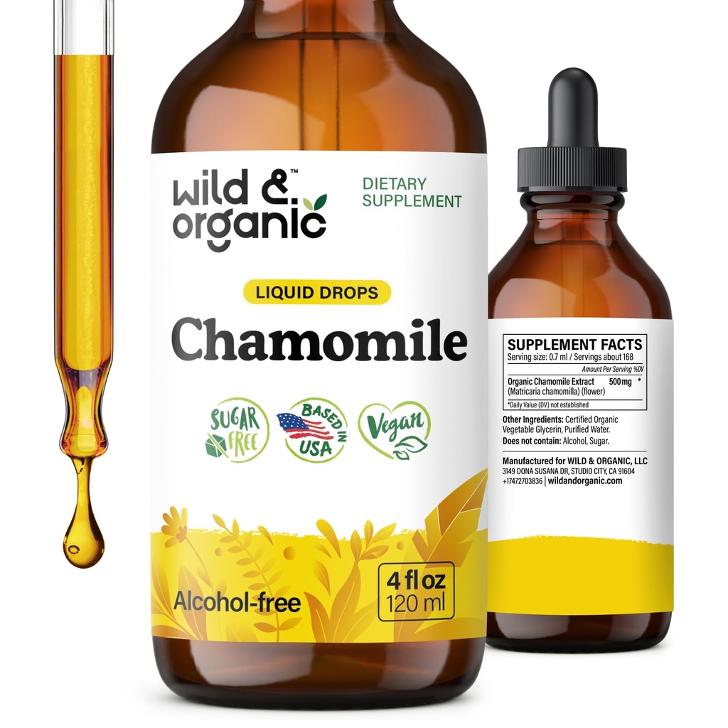 Wild &amp; Organic Chamomile Flowers Tincture - Suplemento de calma para la relajación - Chamomile Extract Liquid Drops - Vegan, Azúcar &amp; Alcohol-Free - 4 fl oz