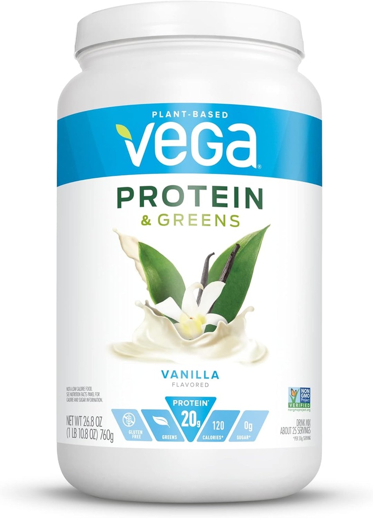 Vainilla Vega Proteína y Verdes (25 Servimientos, 26.8 onzas) - Afeitado de pólvora con base vegetal Vegan, libre de gluten, no lácteo, no soy, no GMO