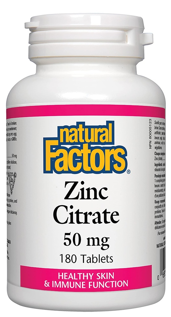 Factores naturales - Citrate de zinc 50mg, Soporte para la piel sana &amp; función inmunitaria, 180 tabletas