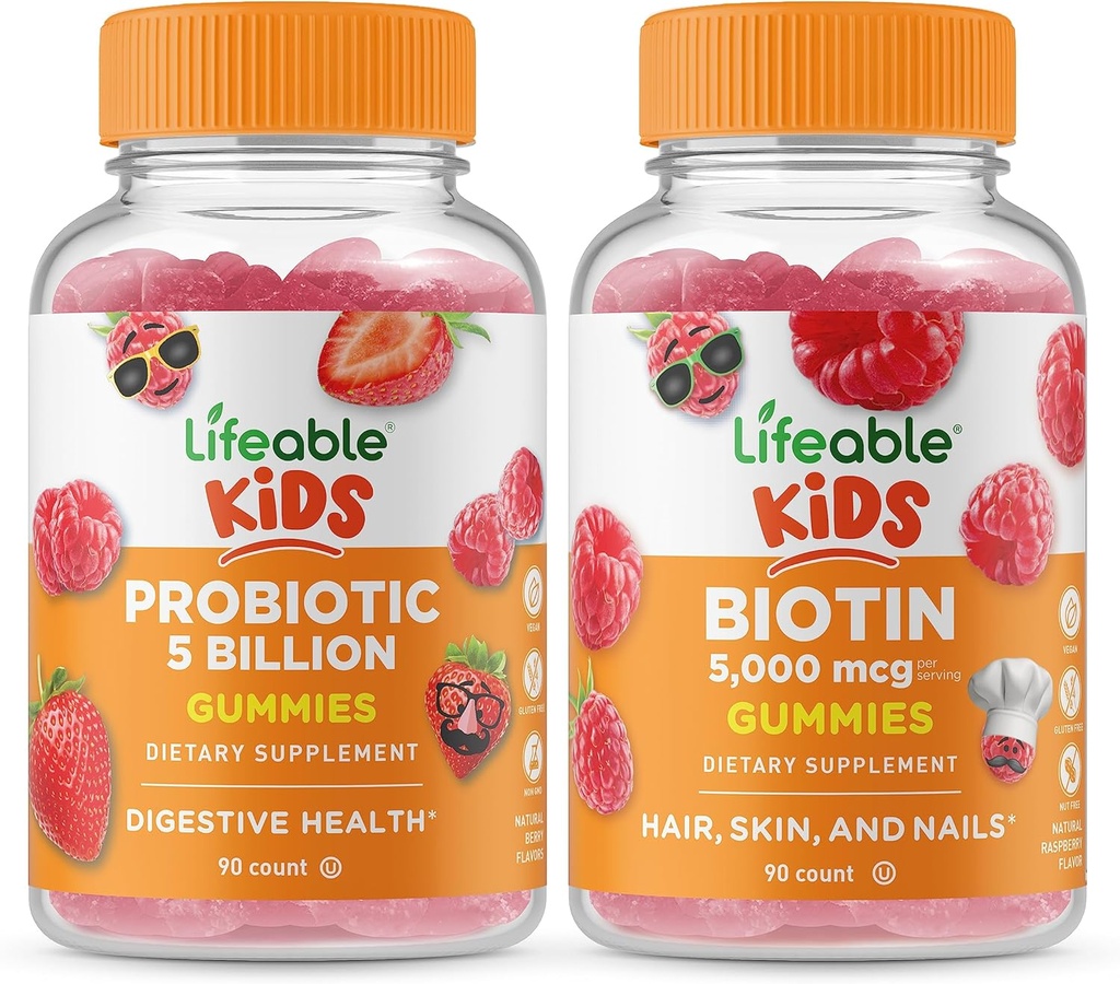 Probióticos Lifeable 5 millones de niños + Biotina, Gummies Bundle - Gran Tasting, Suplemento de vitaminas, Gluten Gratis, GMO Gratis, Chewable Gummy