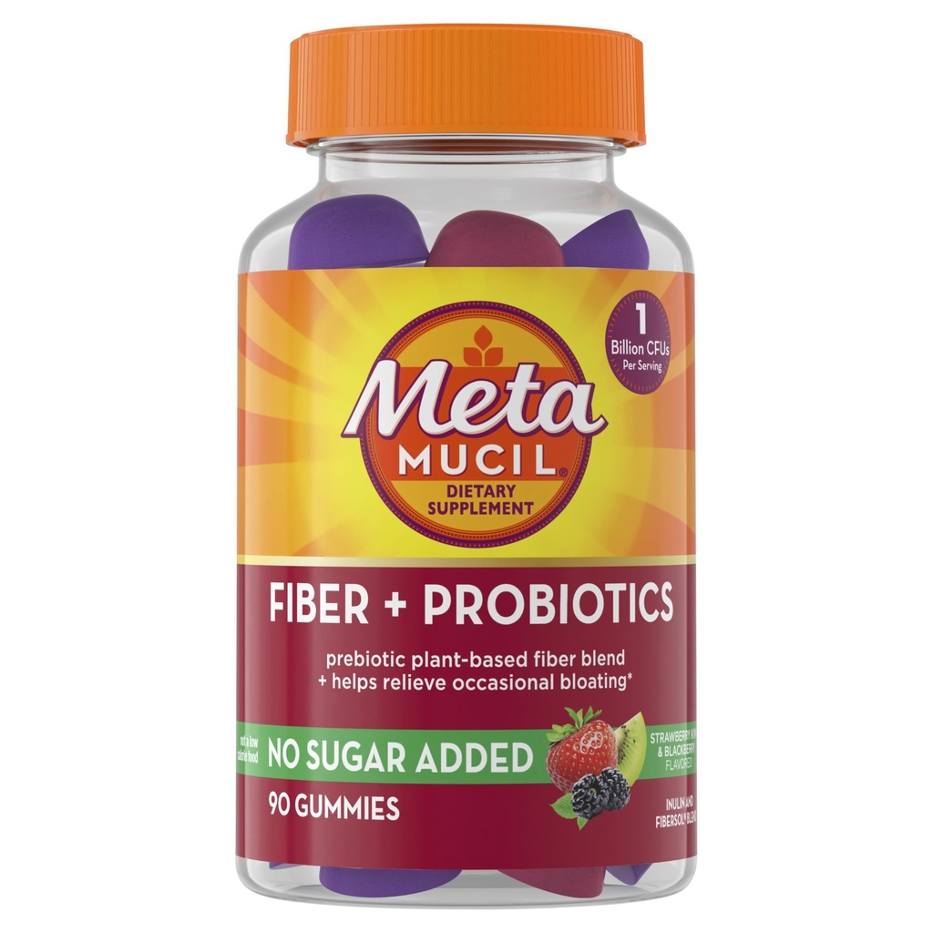 Gotas de fibra de metamucil para adultos con probióticos para el alivio de la hinchazón, sin azúcar añadido sabores de fresa Kiwi BlackBerry, 5g Prebiótico planta base suplemento de fibra Blend, 90 cuenta