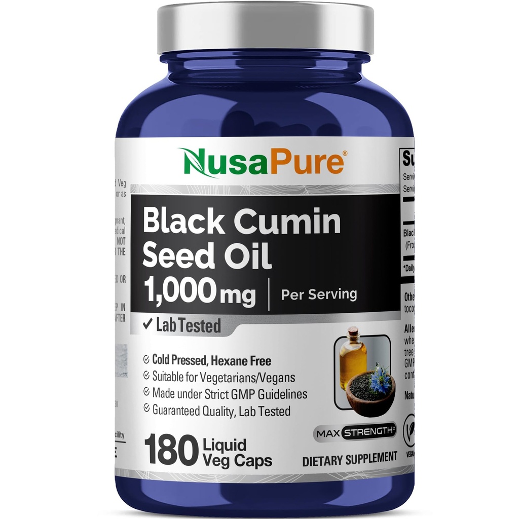 NusaPure Black Seed Oil 1000 mg por Serving 180 Softgel Capsules (No-GMO, Vegetariano) Cold-Presed Virgin Nigella Sativa. Hexane Free