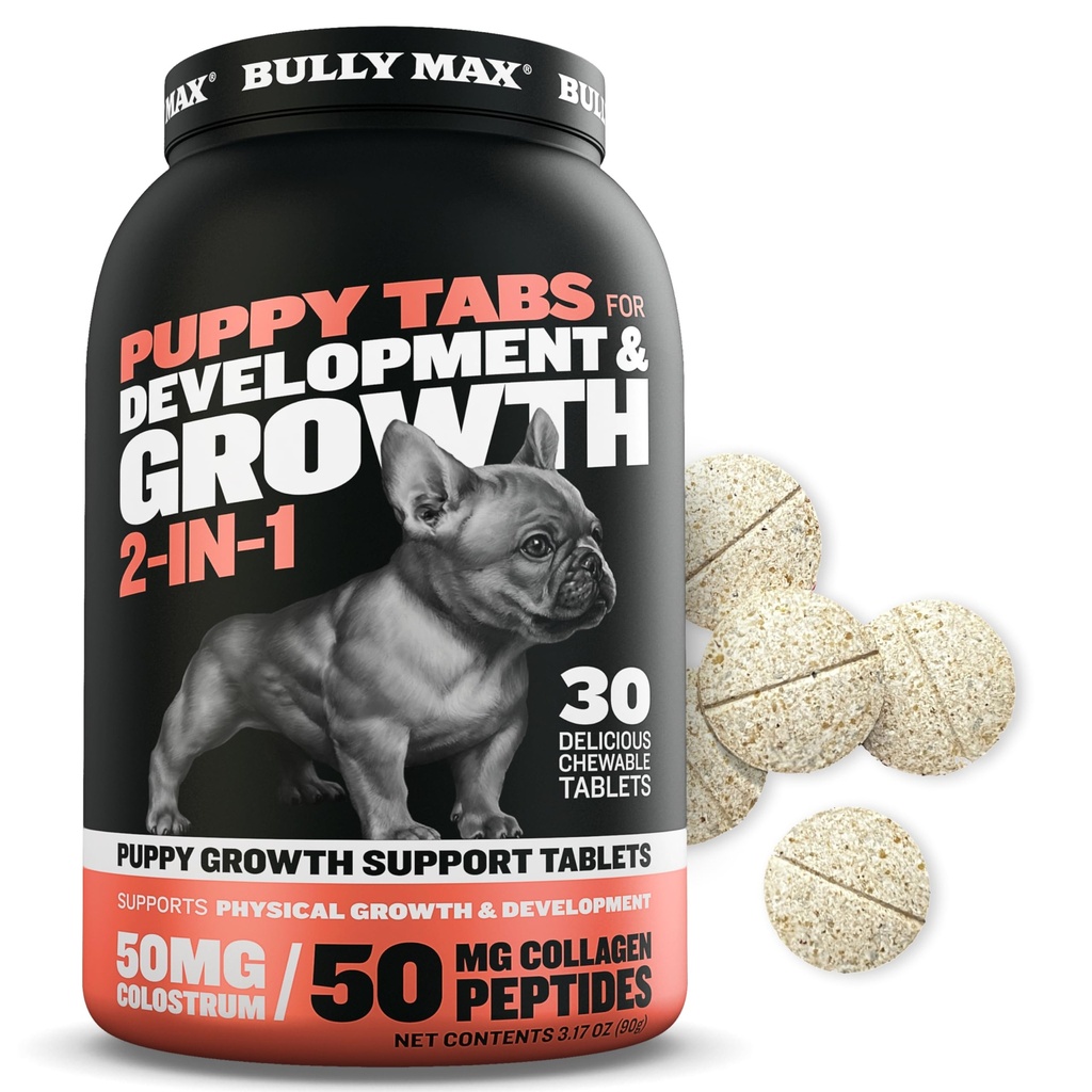 Bully Max 2-en-1 Puppy Vitaminas - 30 Chewable Tablets for Development and Growth of Puppies - Dog Treats, Vitamin &amp; Supplements for Small Dogs & Large Breed Growing Pups - Se puede utilizar como Food Topper