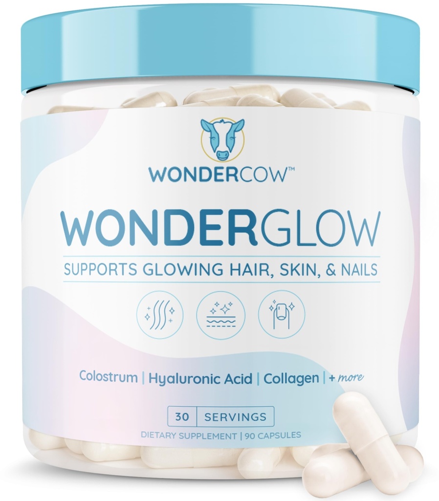 WONDERCOW Hair Skin and Nails Vitaminas w/Bovine Colostrum, Collagen, Hyaluronic Acid, Biotin, Zinc, " Lactoferrin┃Supports Faster Hair Growth, Stronger Nails and Glowing Skin (30 Servings, Capsule)