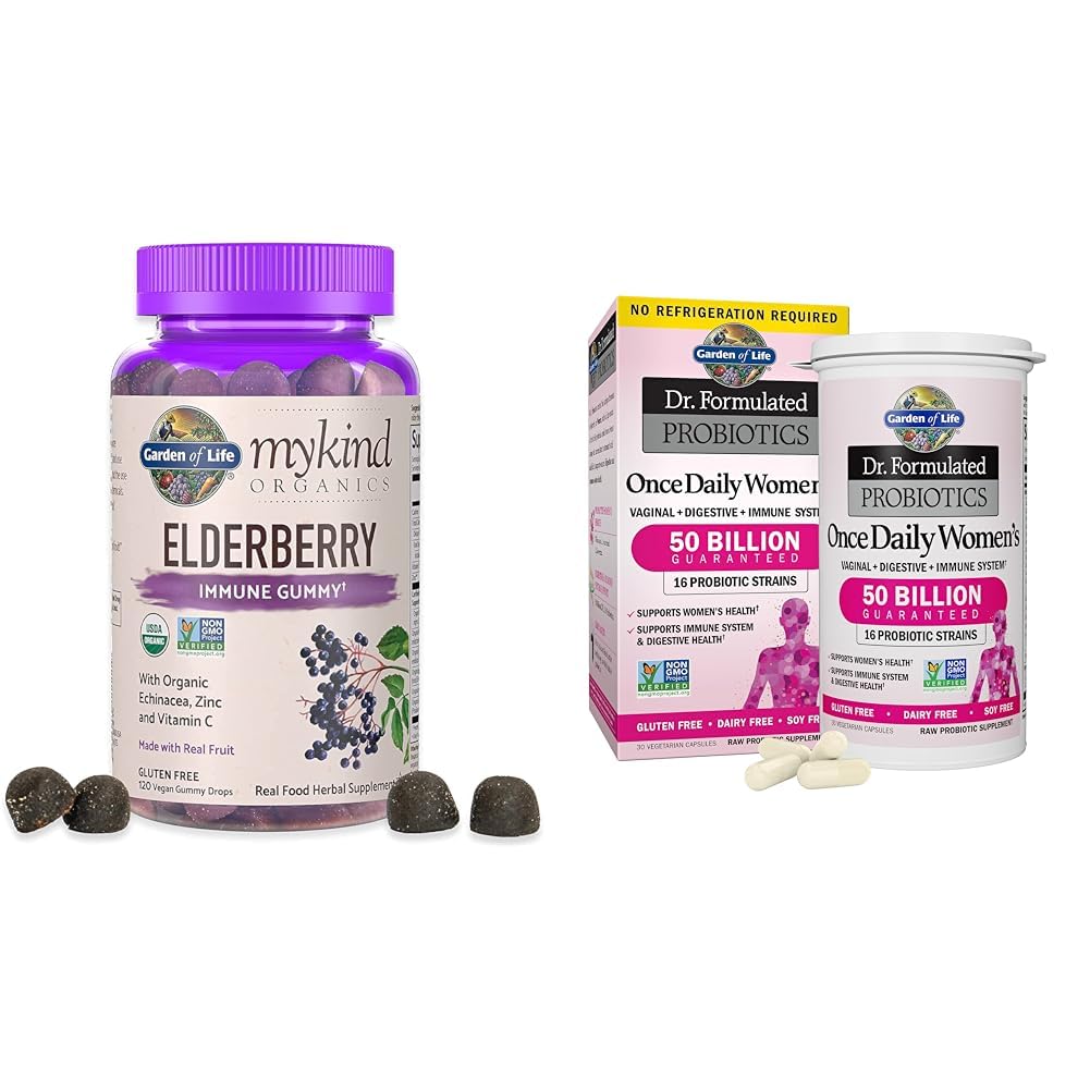Garden of Life Organics Elderberry Gummies for Adults &amp; Kids - Immune Support Supplement with Organic Fruit " , Dr. Formulated Women's Probiotics Once Daily, 16 Strains, 50 Billion, 30 Capsules
