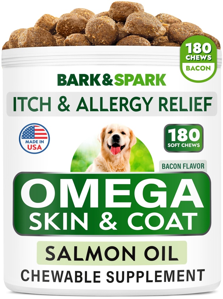 Omega 3 para perros y gatos - 180 Fish Oil Treats for Dog Shedding, Skin Allergy, Itch Relief, Hot Spots Treatment - Joint Health - Skin and Coat Supplement - EPA & DHA Fatty Acids - Salmon Oil - Bacon