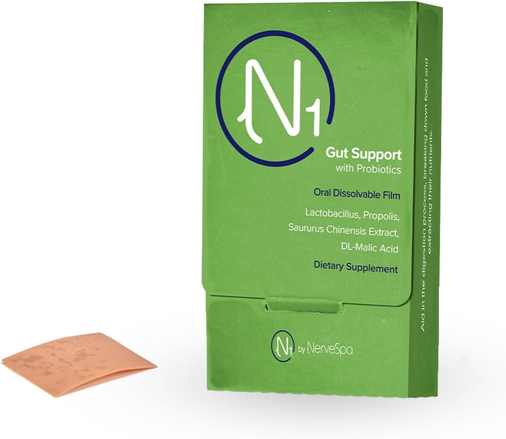M PAIN MANAGEMENT TECHNOLOGIES Gut Support with Probiotics Oral Dissolvable Film N1 by NerveSpa – Mejorar la Digestión, Probióticos Fundacionales, Mejorar la Absorción Nutriente, 10 Films/Box