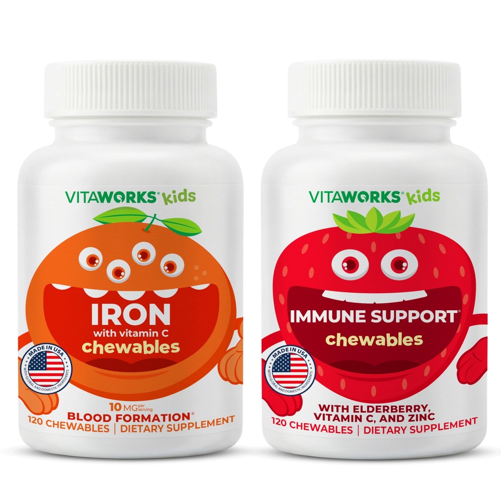 Niños Hierro 10 mg + Vitamina C Chewables + Elderberry + Zinc + C Chewables Bundle