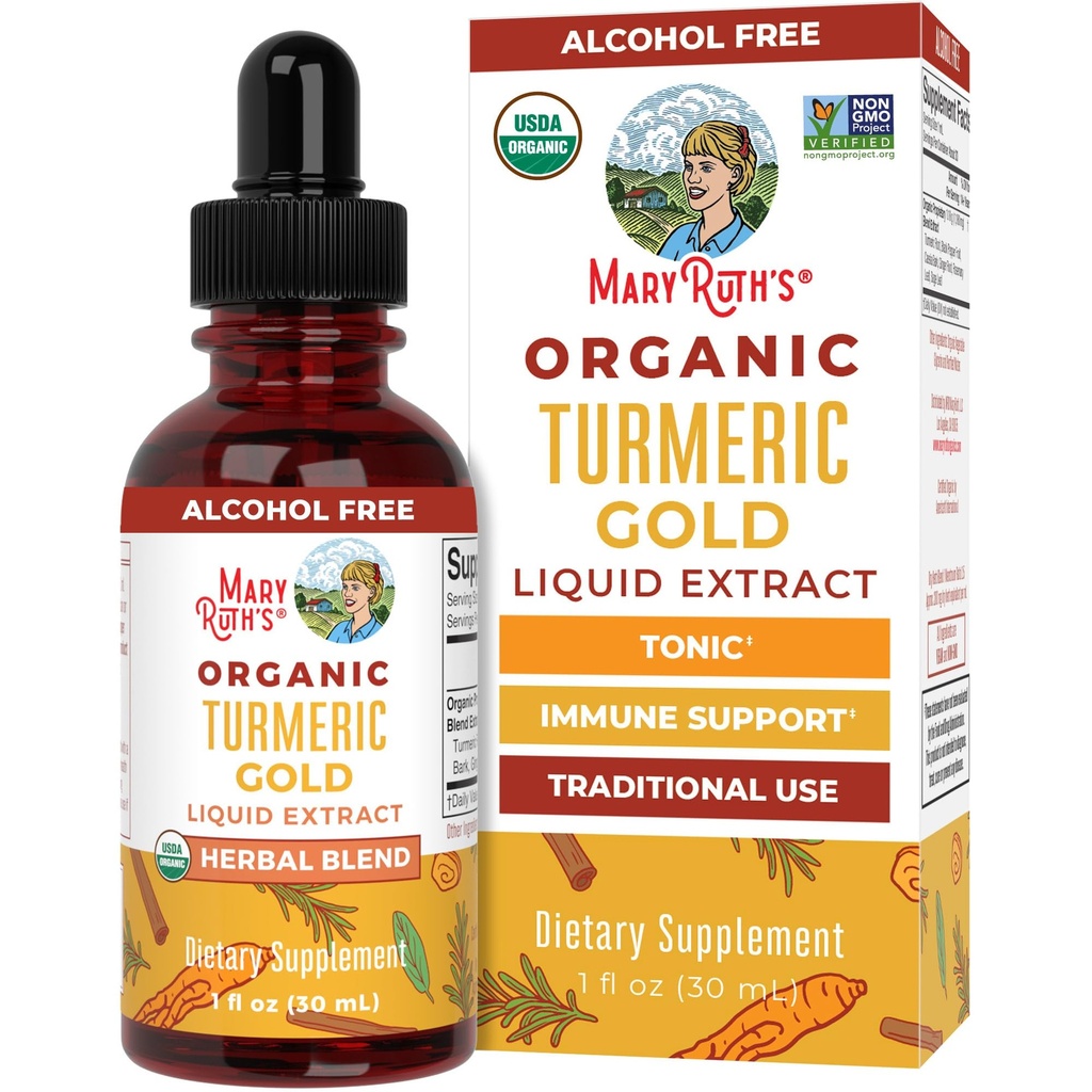 MaryRuth Organics USDA Turmeric Gold Liquid Drops ← Herbal Blend TEN Turmeric Curcumin TEN Black Pepper ANTE Cassia Cinnamon Bark ← Ginger Root ← Immune Support Silencio Proyecto No-GMO Verified  Vegan ← 1oz