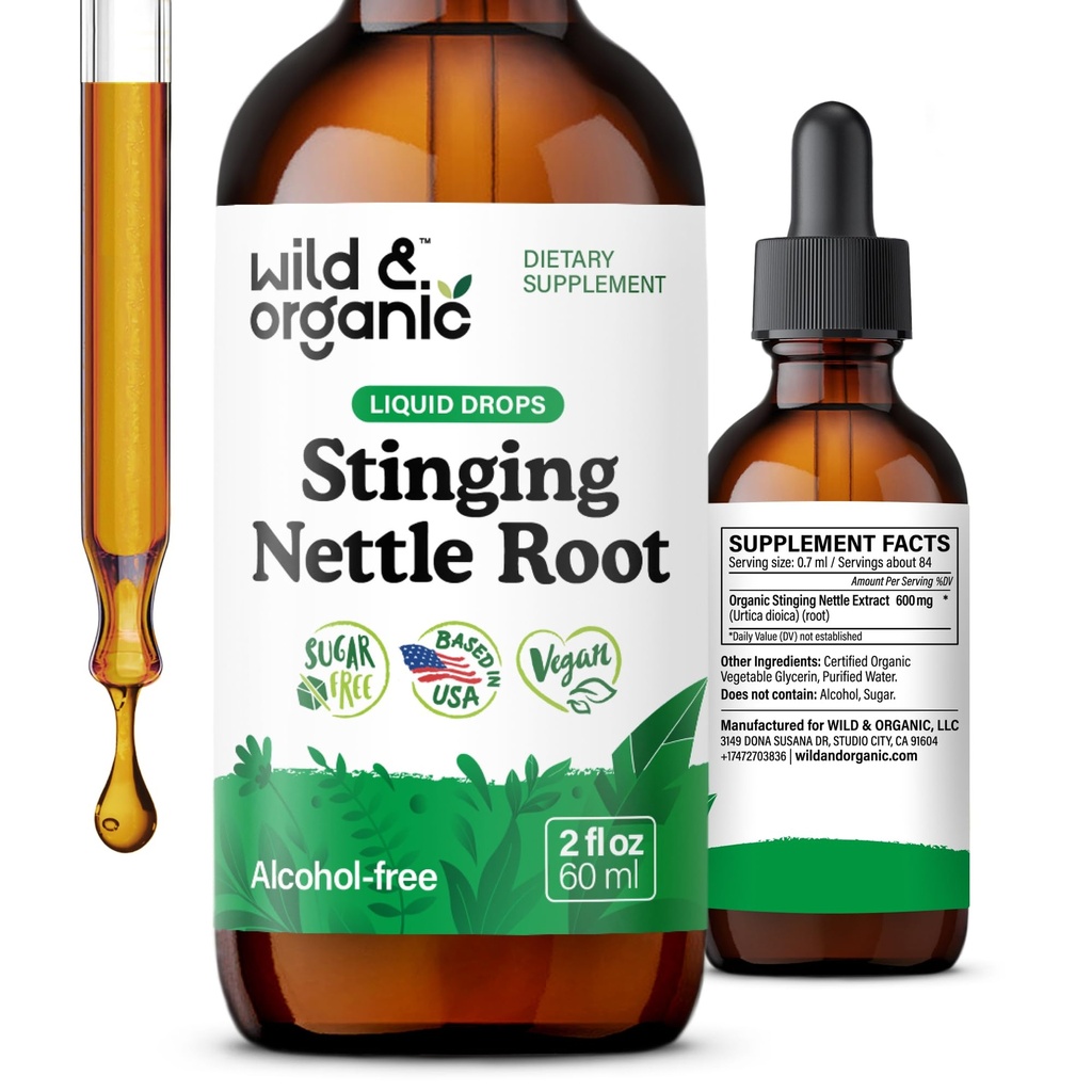 Wild &amp; Organic Stinging Nettle Root Drops - Stinging Nettle Extract Tintura para Hombres &amp; Mujeres - Liquid Urtica Dioica Suplemento - Vegan, Azúcar &amp; Sin alcohol - 2 fl oz