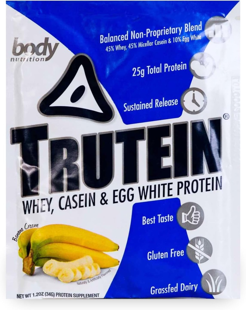 Nutrición corporal Trutein High Protein Powder: 45% Whey, 45% Casein, 10% Egg White, Gluten-Free, Low Sodium, Grass Fed Whey Protein Powder, Gym Suplemento &amp; Breakfast Shake, Banana Cream, 34g Muestra