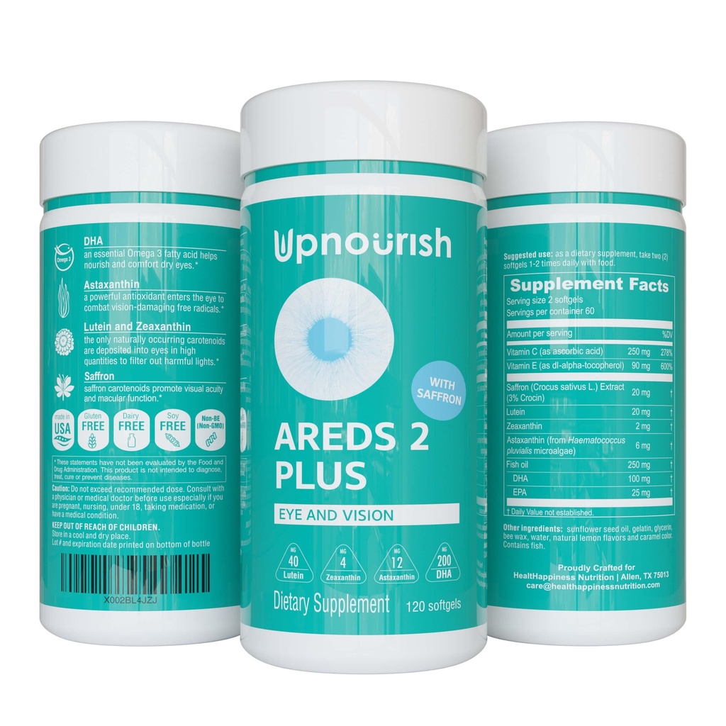 UpNourish AREDS 2 Plus Eye Vitamin Supplement, AREDS 2 Zinc Free Formula with Lutein, Zeaxanthin, Saffron, Astaxanthin &amp; DHA - 120 softgels